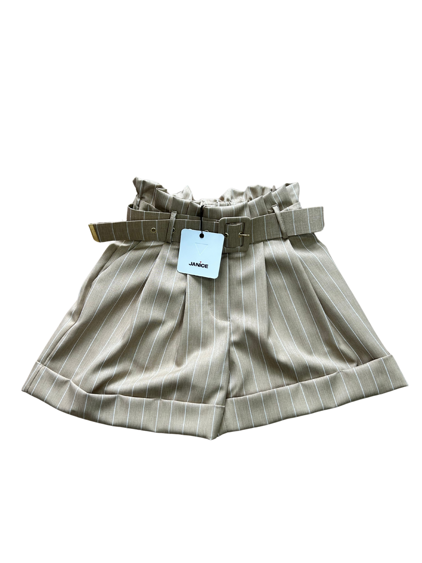 pantaloncino beige gessato elegante con cinta per bambina