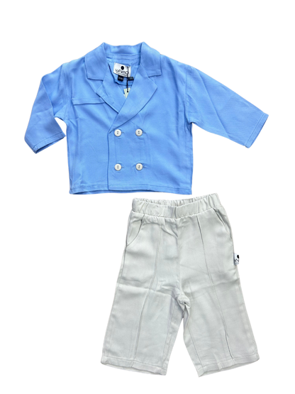 completo giacca doppiopetto azzurra e pantalone largo ghiaccio per neonato