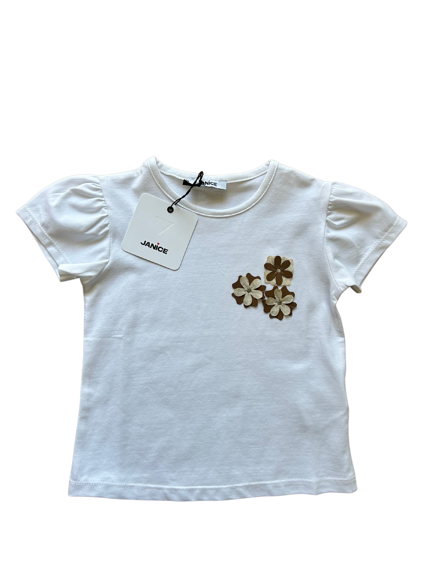 t-shirt bianca con applicazioni fiori e manica a sbuffo per bambina