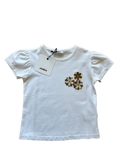 t-shirt bianca con applicazioni fiori e manica a sbuffo per bambina