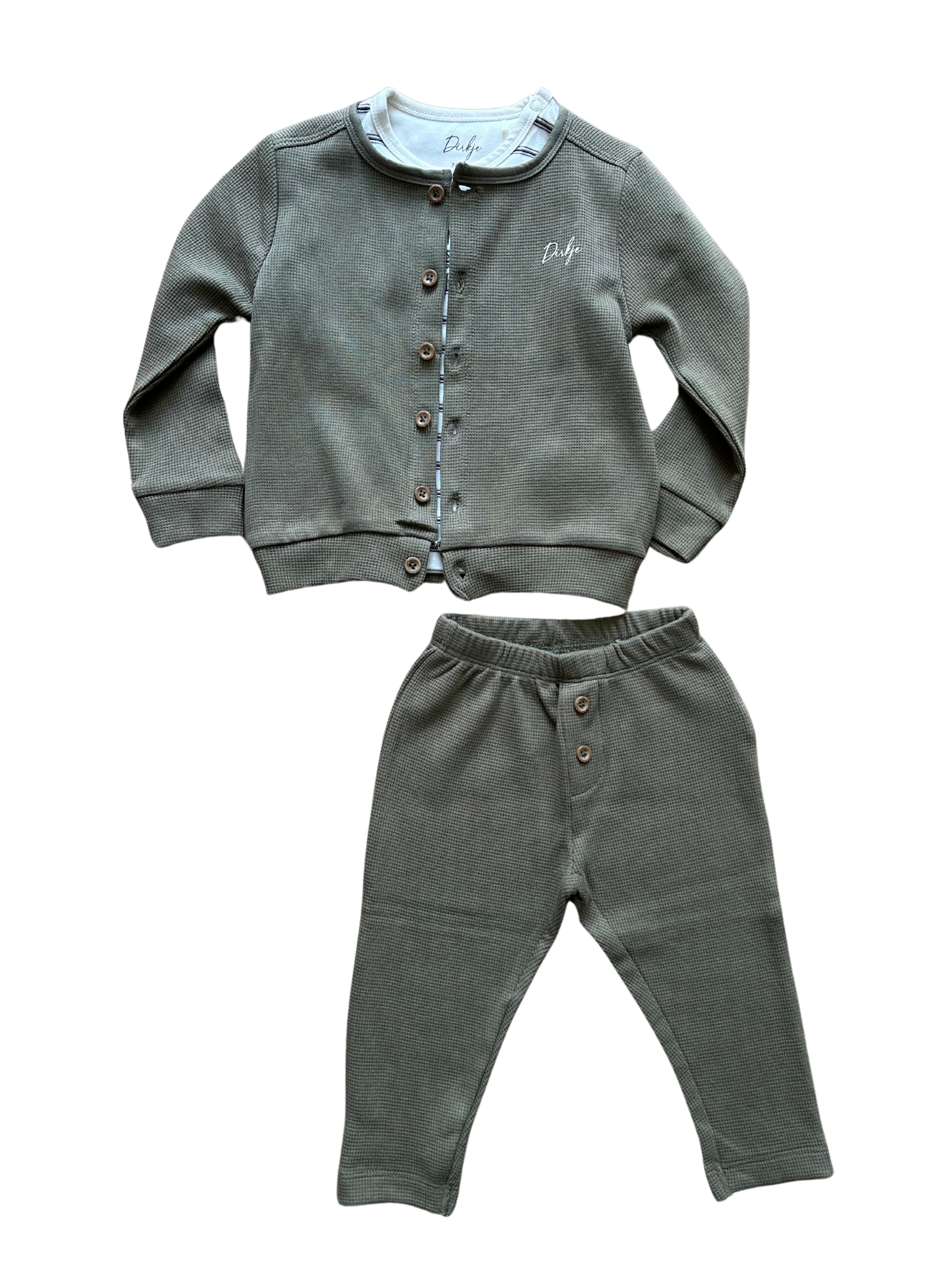 set dirkje verde militare da neonato con cardigan shirt a mezza manica e pantalone 