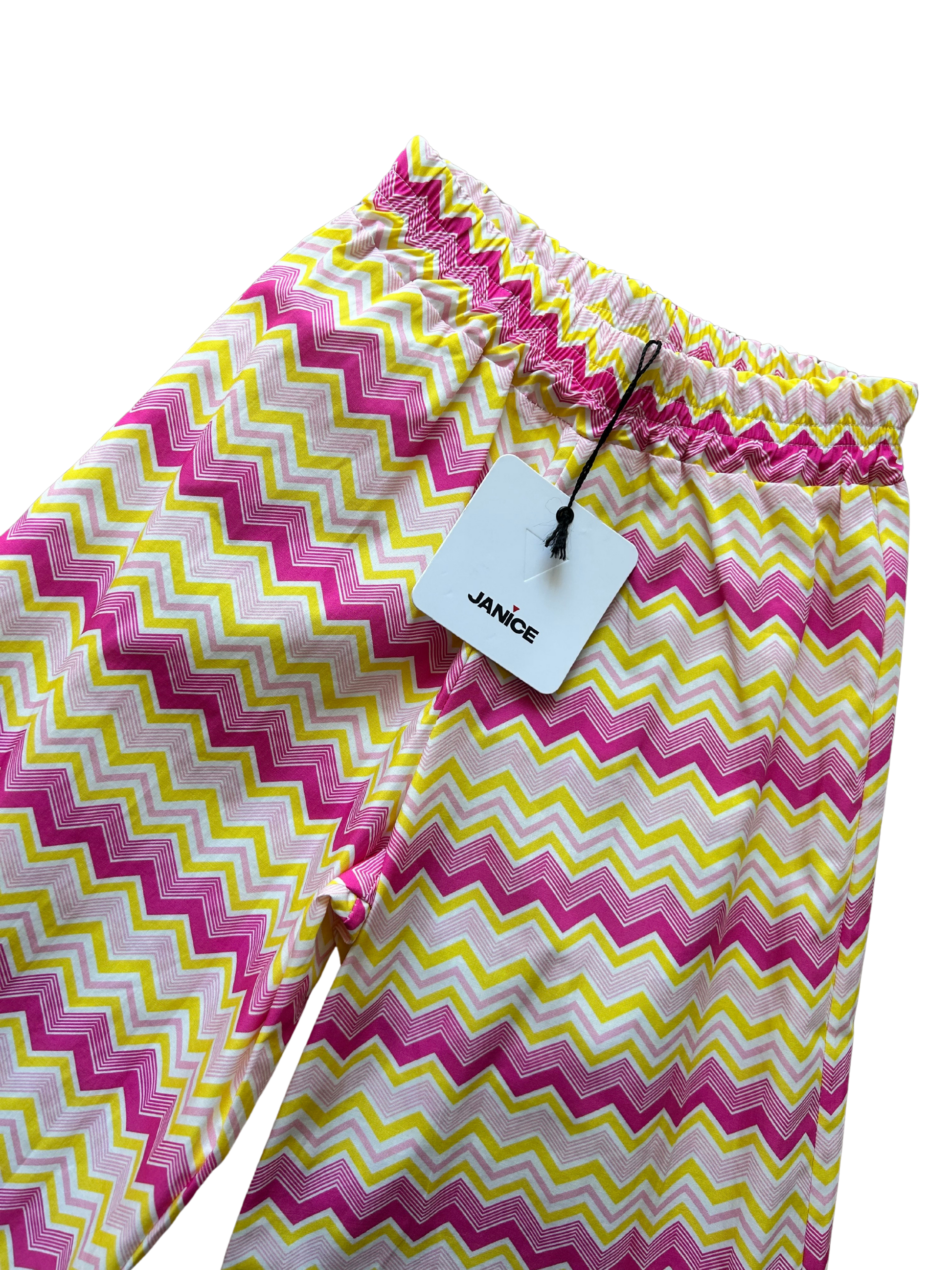 Pantalone palazzo giallo fucsia e lilla per bambina fantasia zig zag con elastico in vita