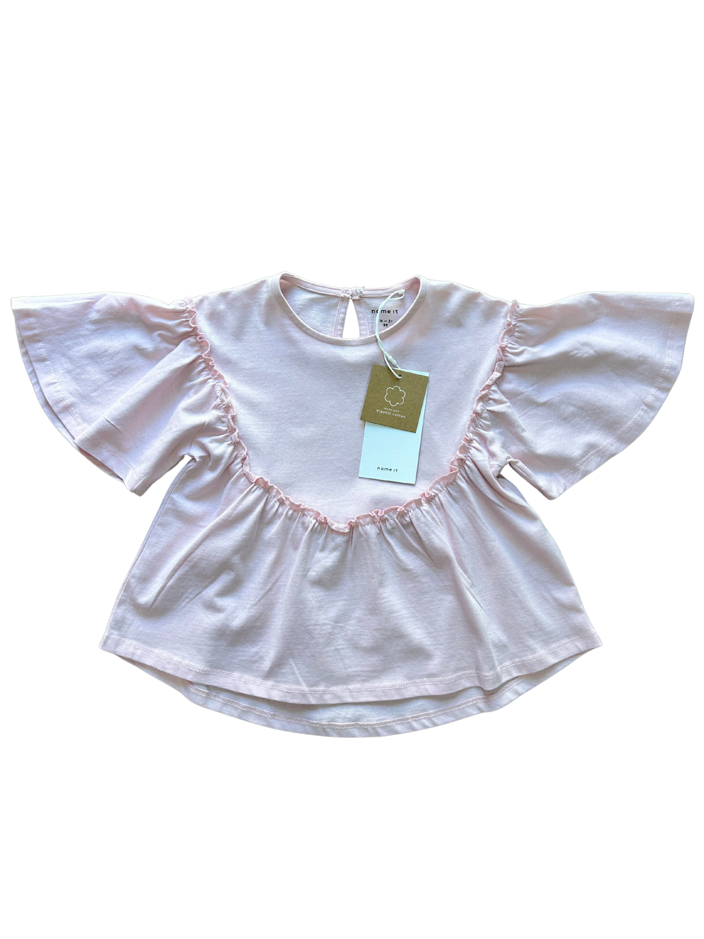 blusa in cotone rosa con manica a campana per neonata e bambina