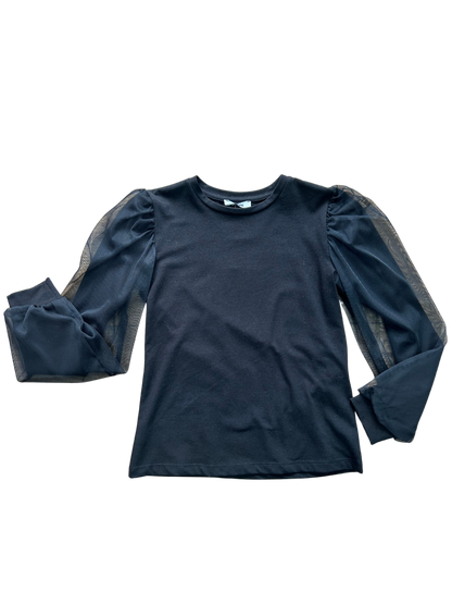 shirt manica lunga nera in tulle con manica a sbuffo per bambina e ragazza