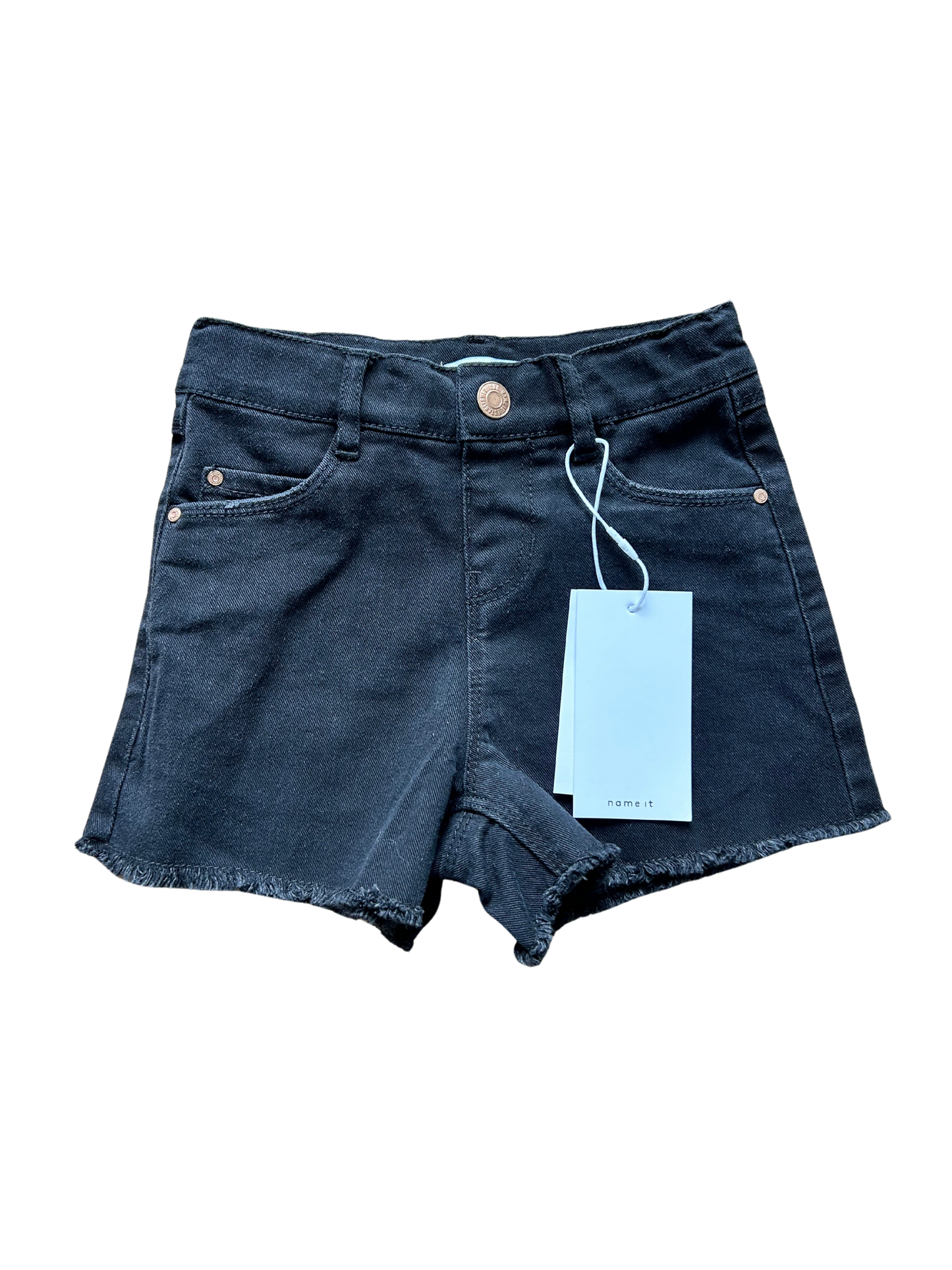 pantaloncino in jeans nero sfrangiato sulla gamba per bambina e ragazza