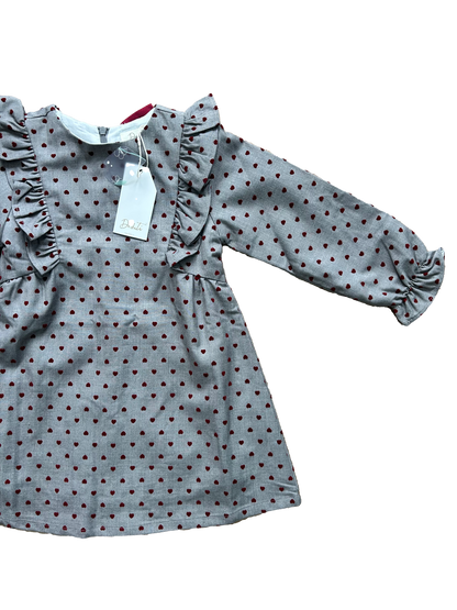 Vestitino grigio con cuoricini in velluto e fiocco