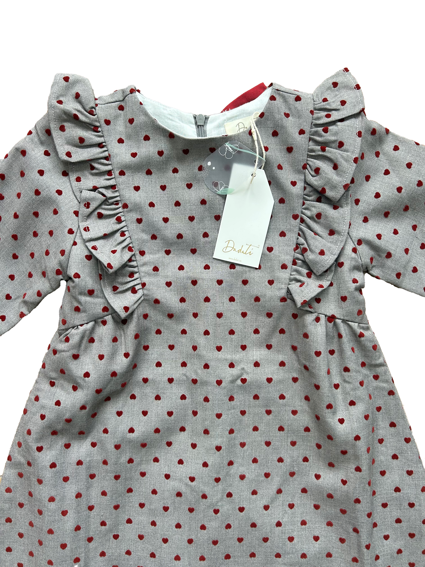 Vestitino grigio con cuoricini in velluto e fiocco