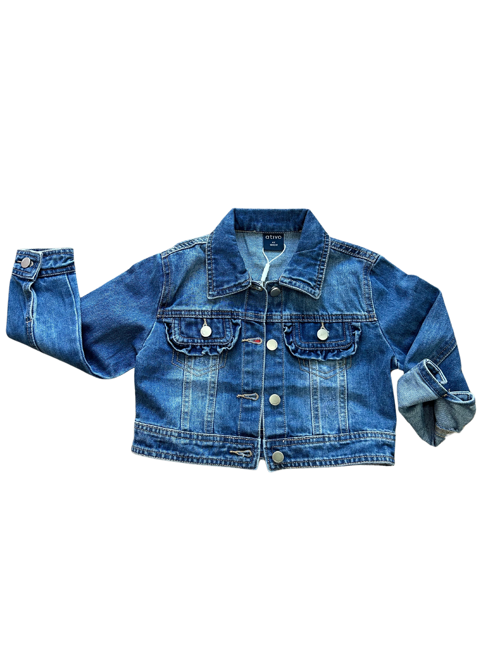 giacca jeans crop per bambina con rouches sull tasche 