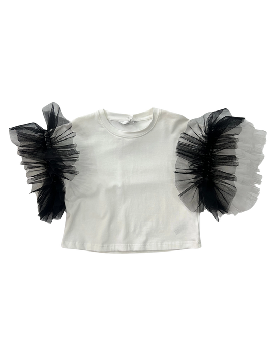 t-shirt yclu bianca con maniche in tulle per bambina e ragazza