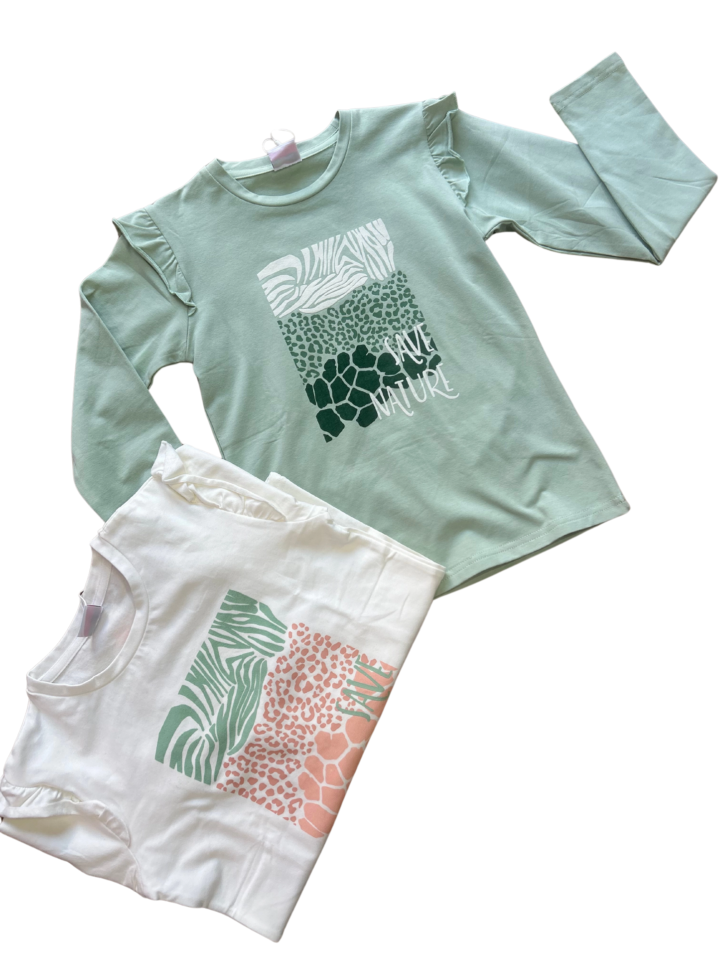 shirt manica lunga caldo cotone verde e bianca con stampa per bambina