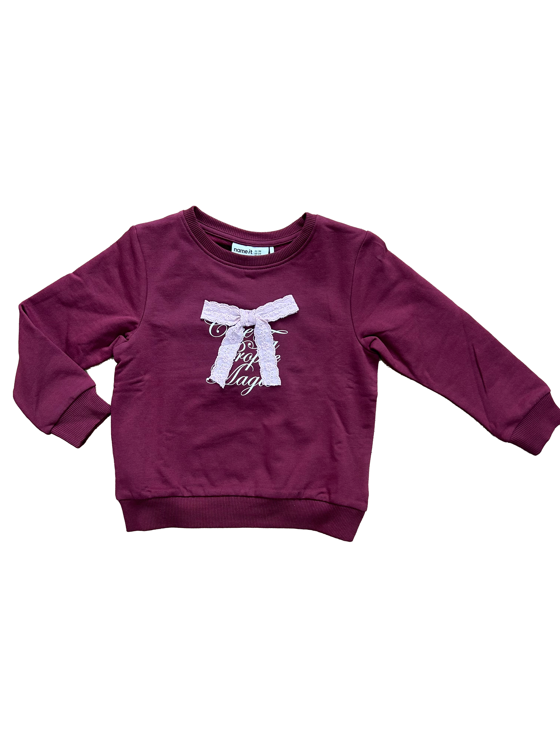 felpina bordeaux per bambina con fiocco in sangallo