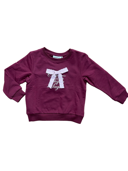 felpina bordeaux per bambina con fiocco in sangallo