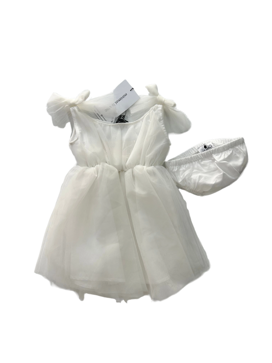 abito per neonata bianco con fiocchi sulle spalle e mutandina in coordinato