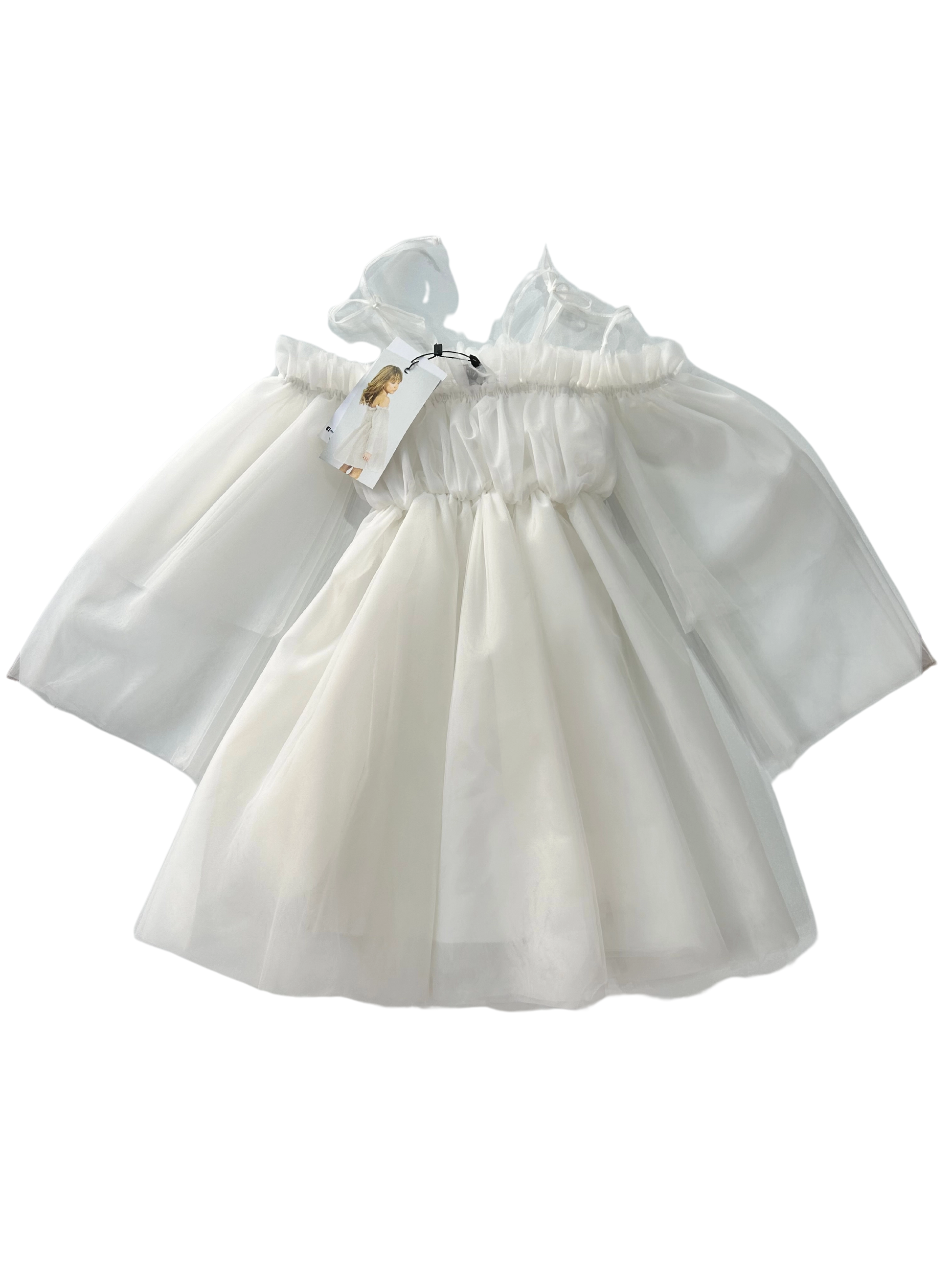 abito in tulle color burro con manica a campana e scollo a barca per bambina 