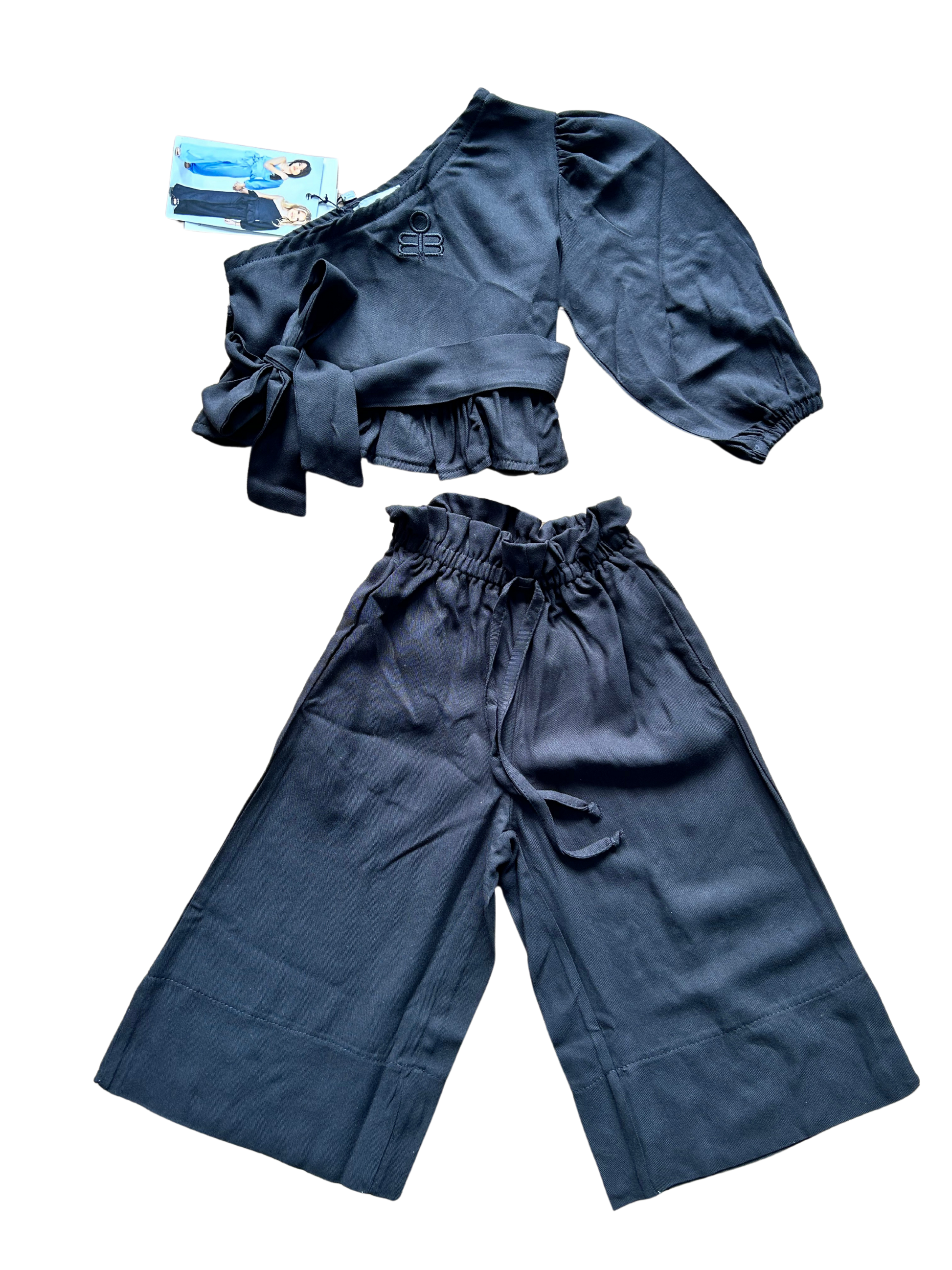 completo in viscosa nero con top monospalla e pantalone palazzo per bambina e mamma