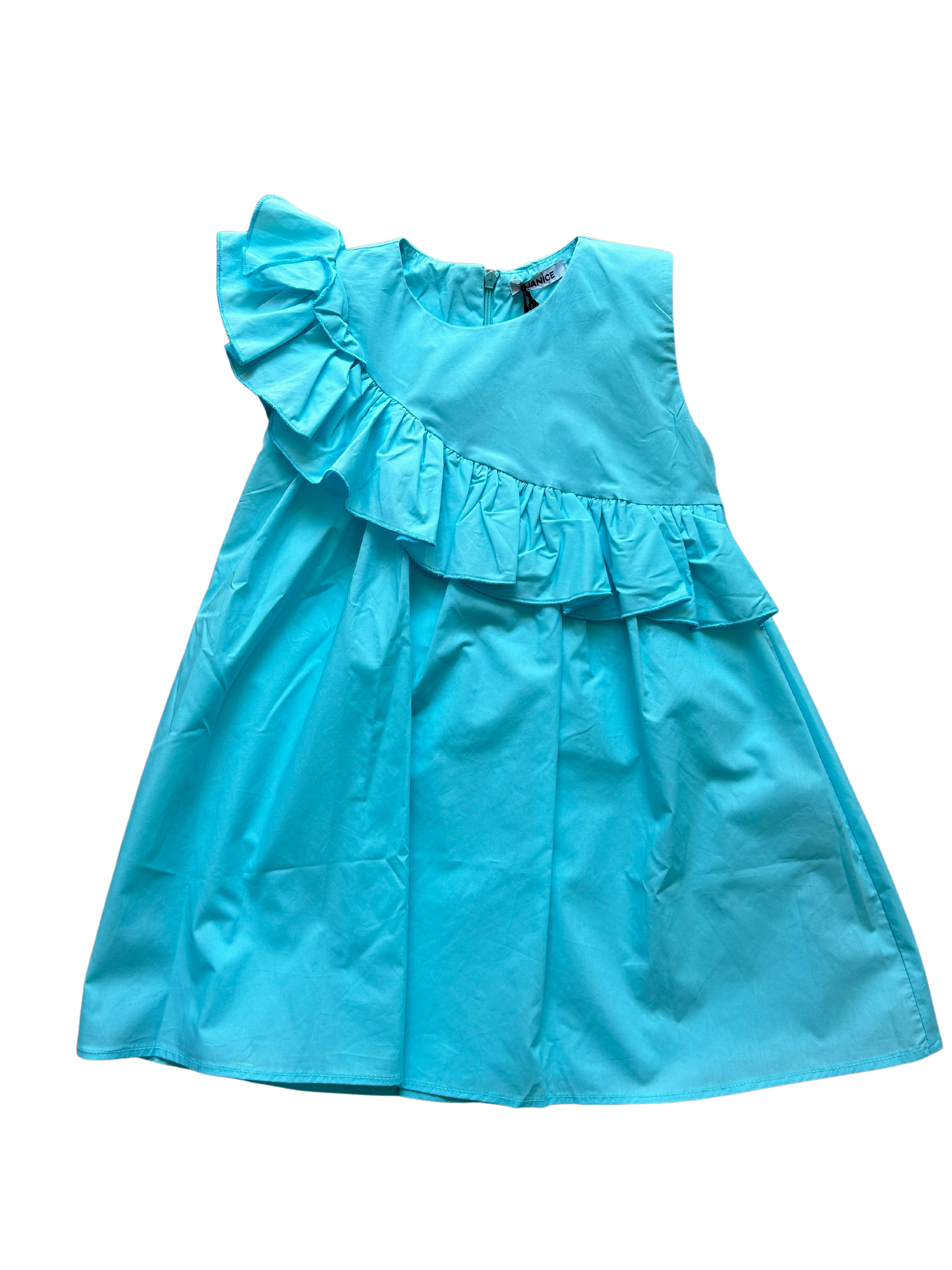 abito azzurro con rouches per bambina
