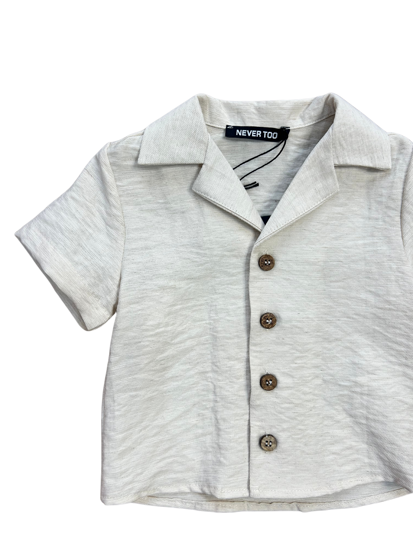 camicia misto lino con bottoncino in legno per neonato e bambino