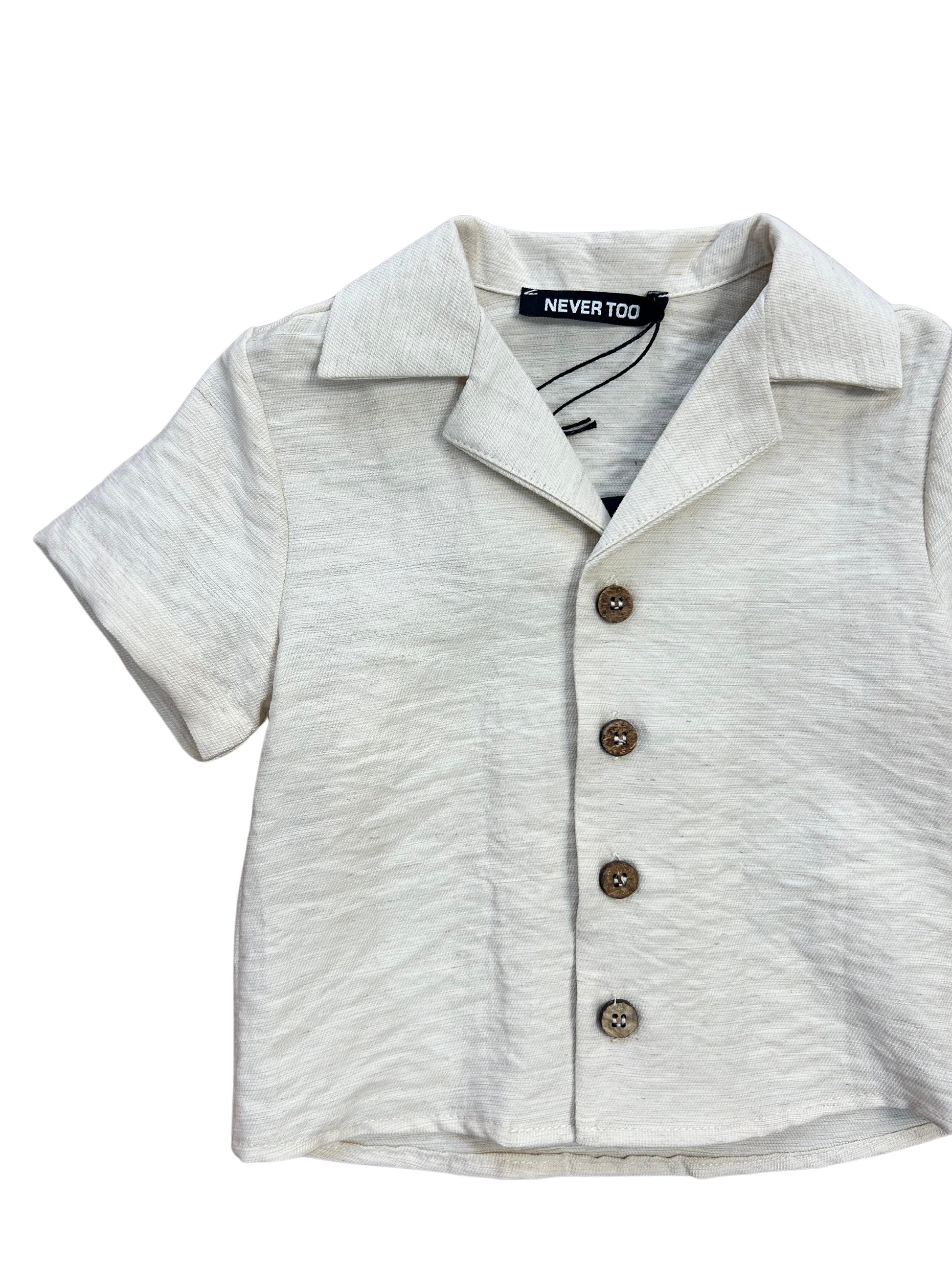 camicia misto lino con bottoncino in legno per neonato e bambino