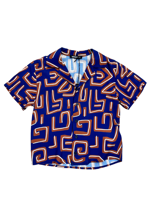 camicia blu navy con fantasia bianca e mattone per bambino 