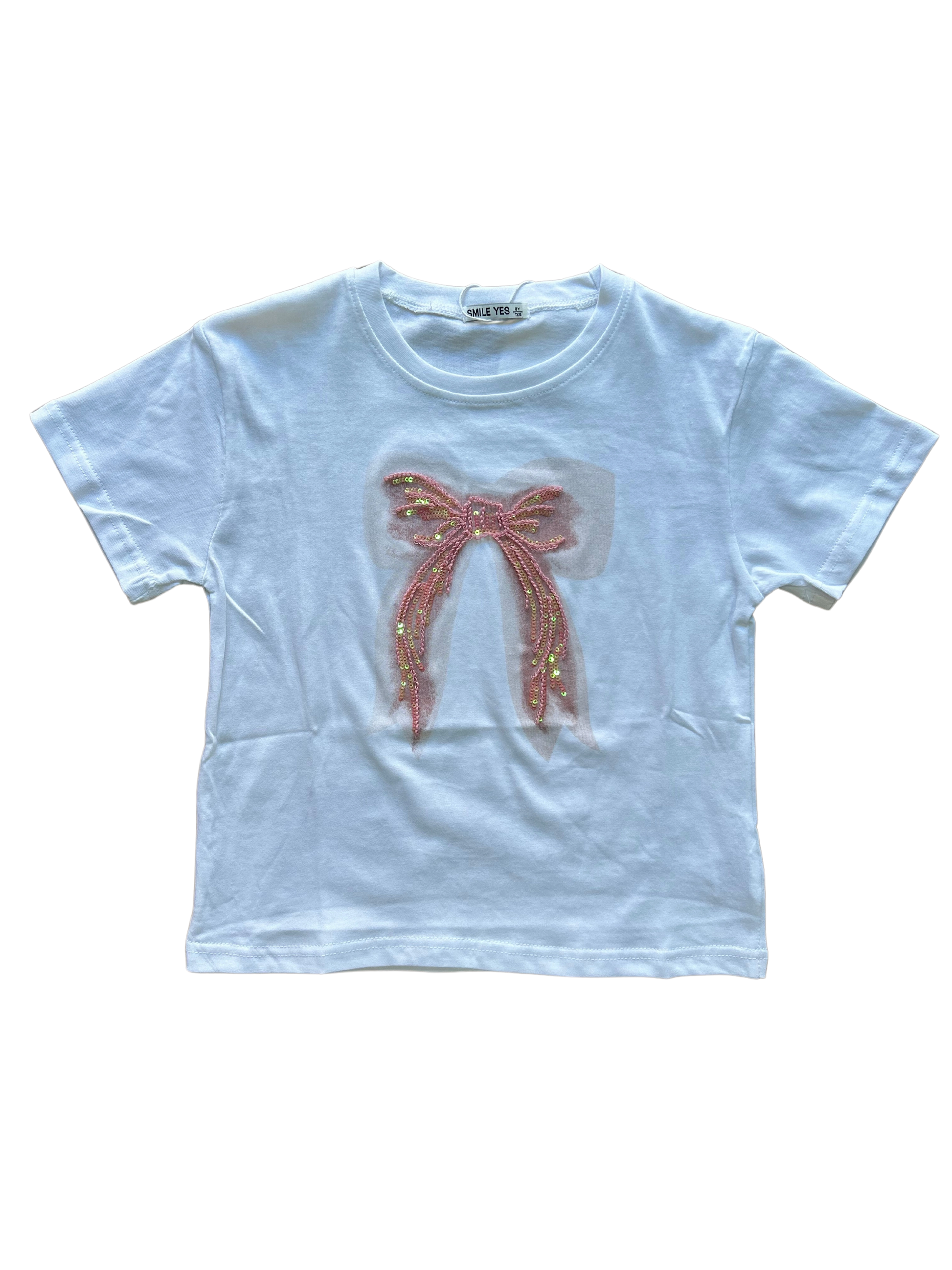 t-shirt bianca in cotone con fiocco in paillettes per bambina e ragazza
