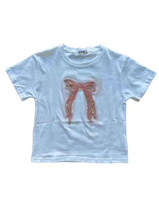 t-shirt bianca in cotone con fiocco in paillettes per bambina e ragazza