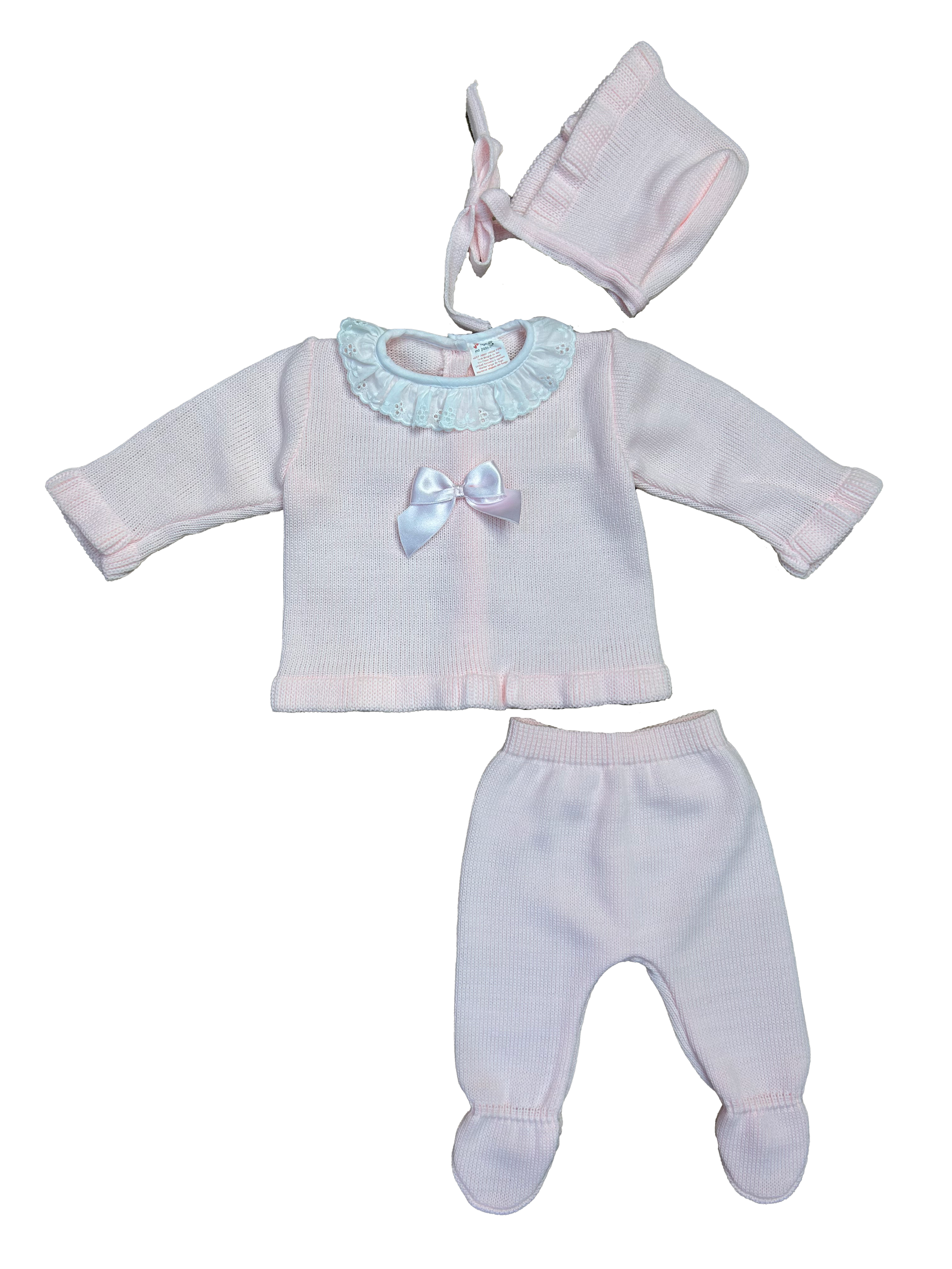 completino nascita rosa 3 pezzi composta da ghettina maglioncino e cuffietta 