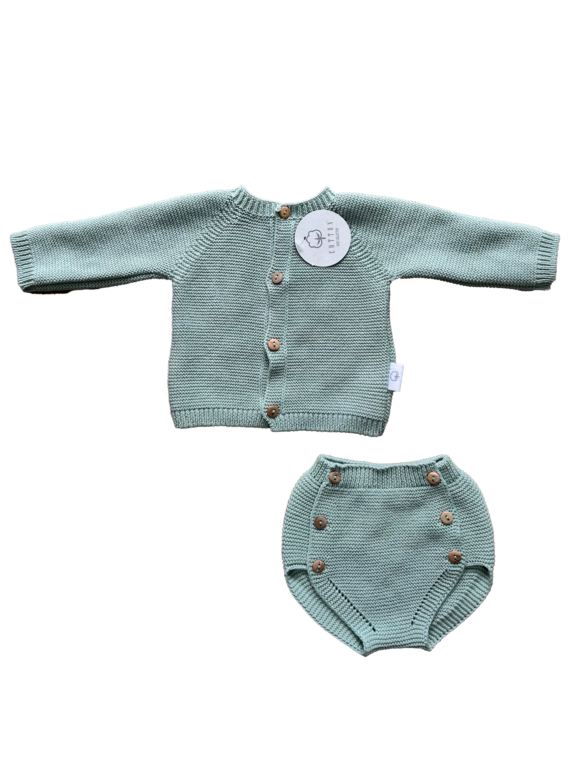 completino in maglia con cardigan e culotte per neonato verde salvia