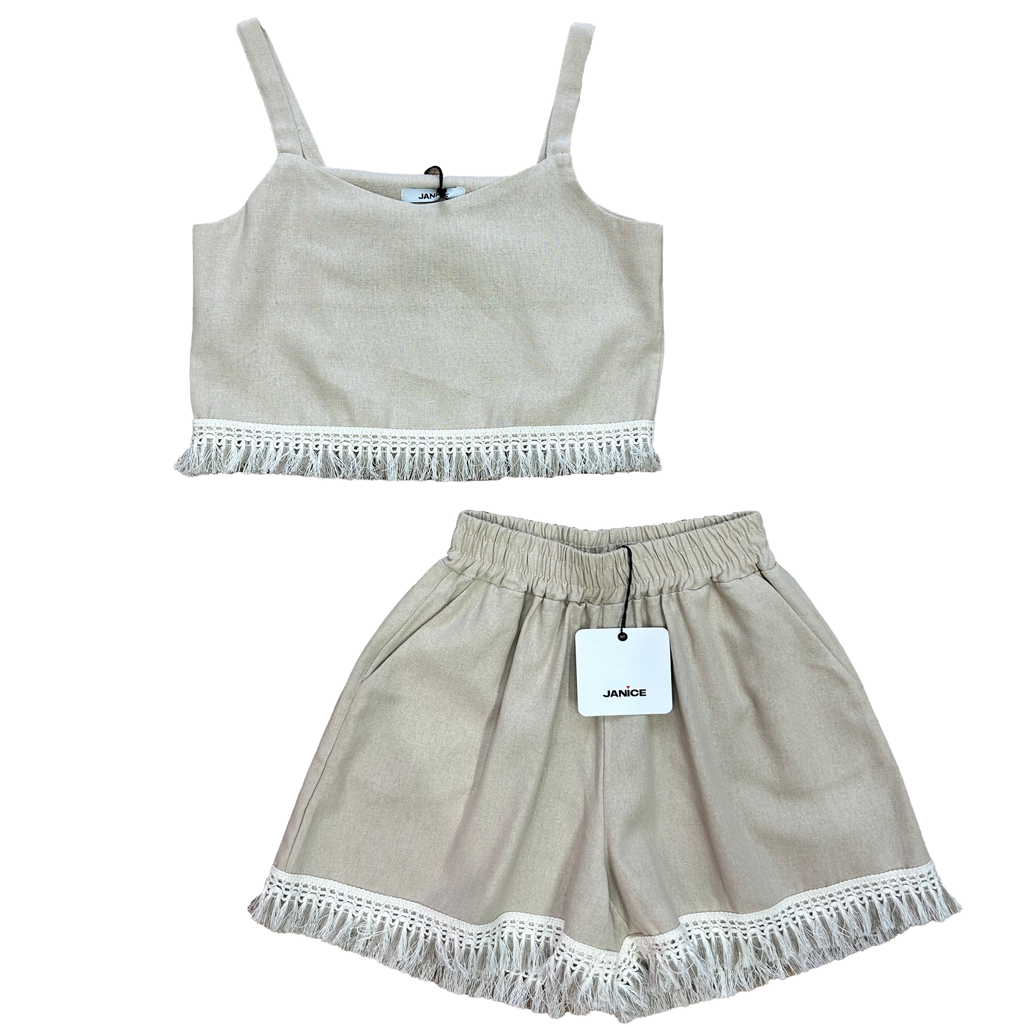 Top misto lino con frange