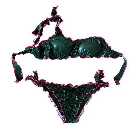 Bikini monospalla verde e fucsia