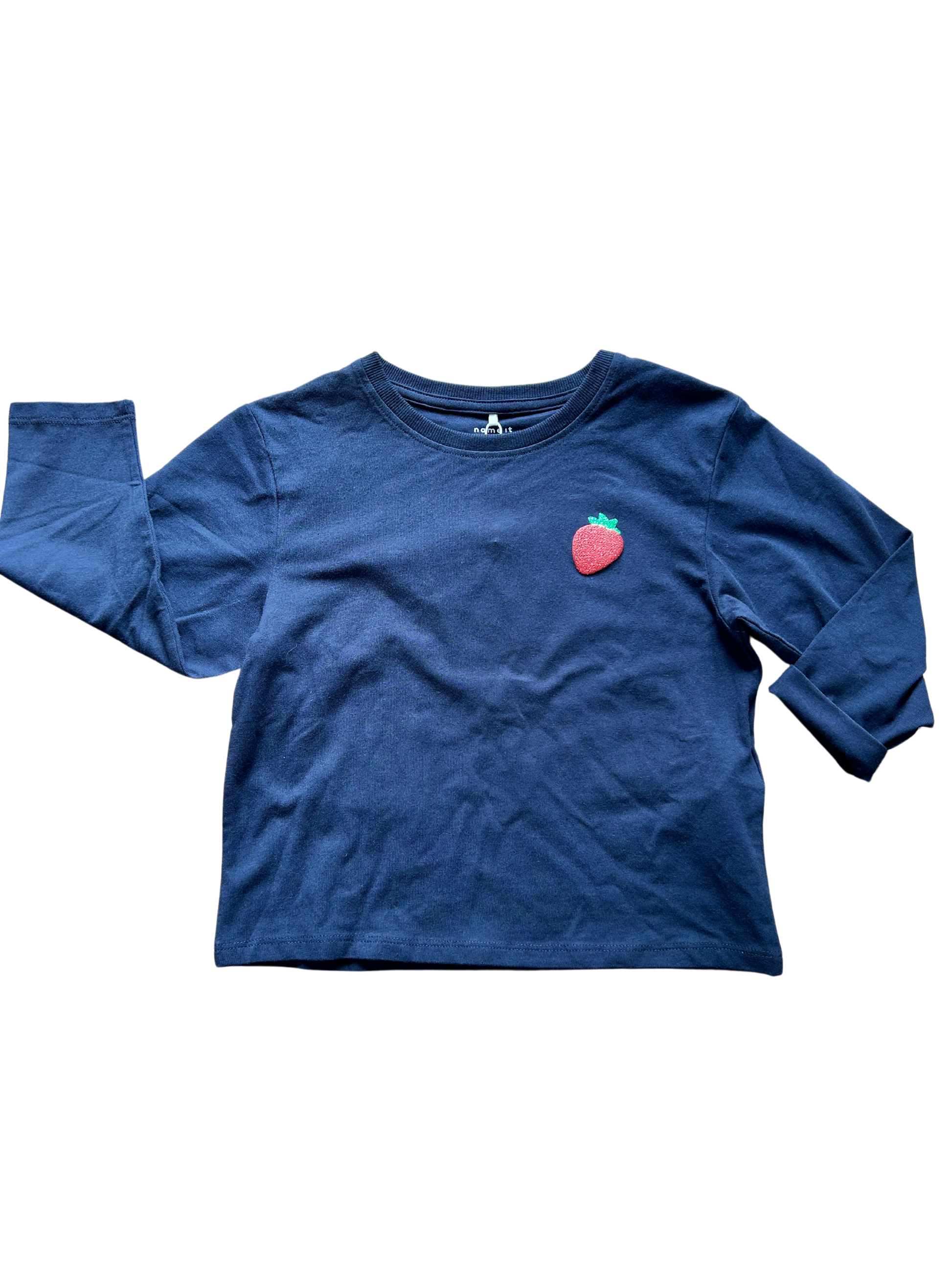 shirt manica lunga blu con applicazione fragola glitterata per bambina