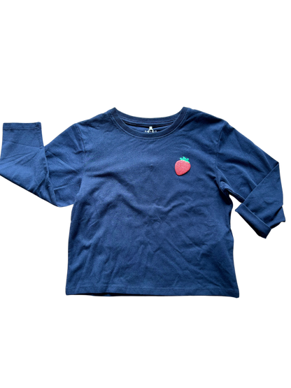 shirt manica lunga blu con applicazione fragola glitterata per bambina