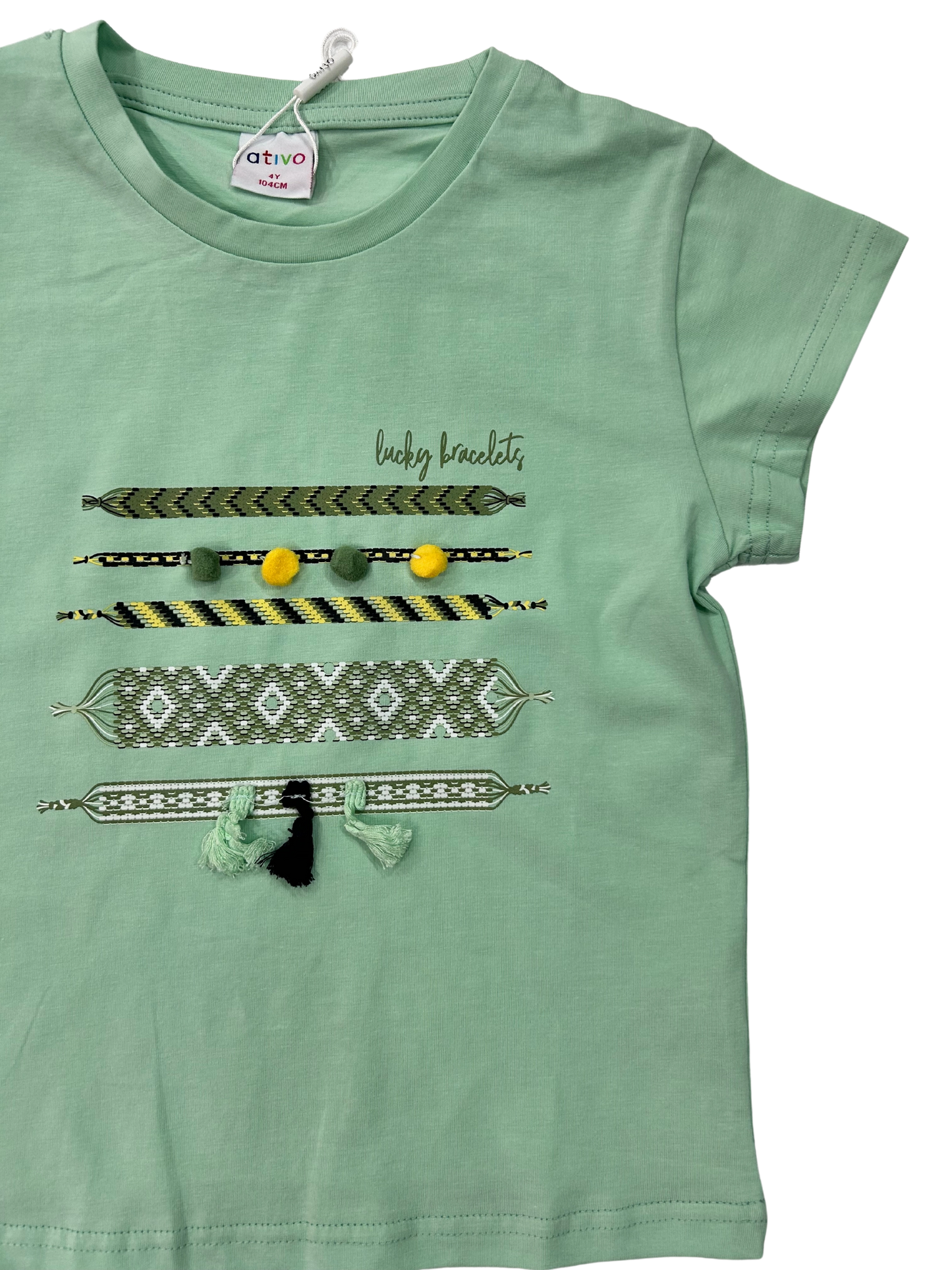T-shirt con ponpon e nappine verde acqua