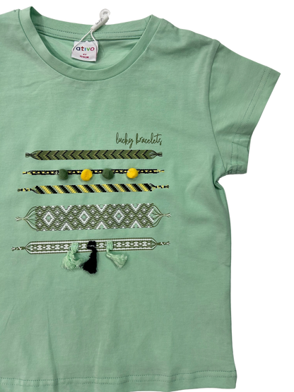 T-shirt con ponpon e nappine verde acqua