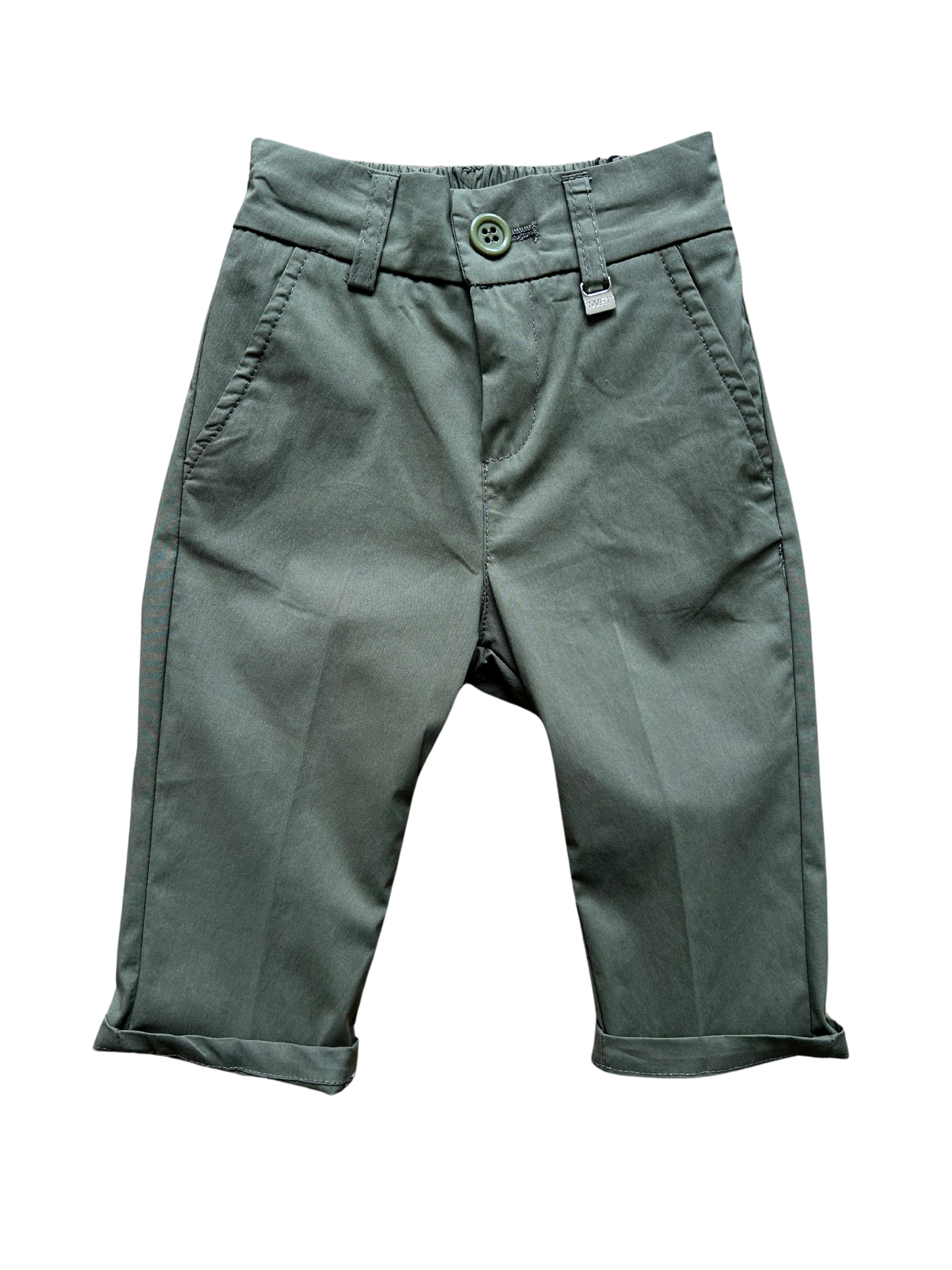 pantalone verde militare tasca a filo con elastico sul retro classico-sportivo per neonato e bambino
