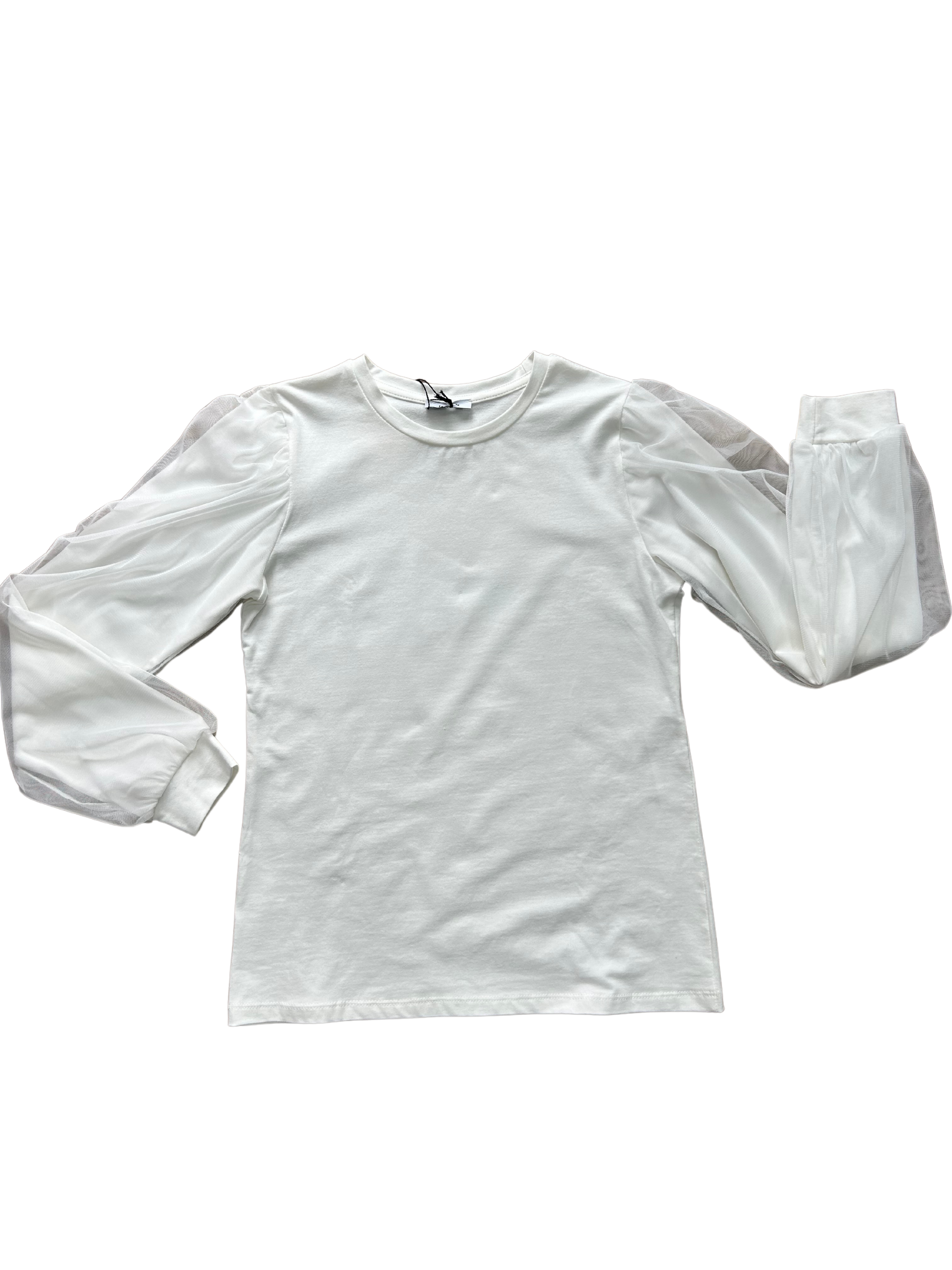 shirt manica lunga bianca in tulle con manica a sbuffo per bambina e ragazza