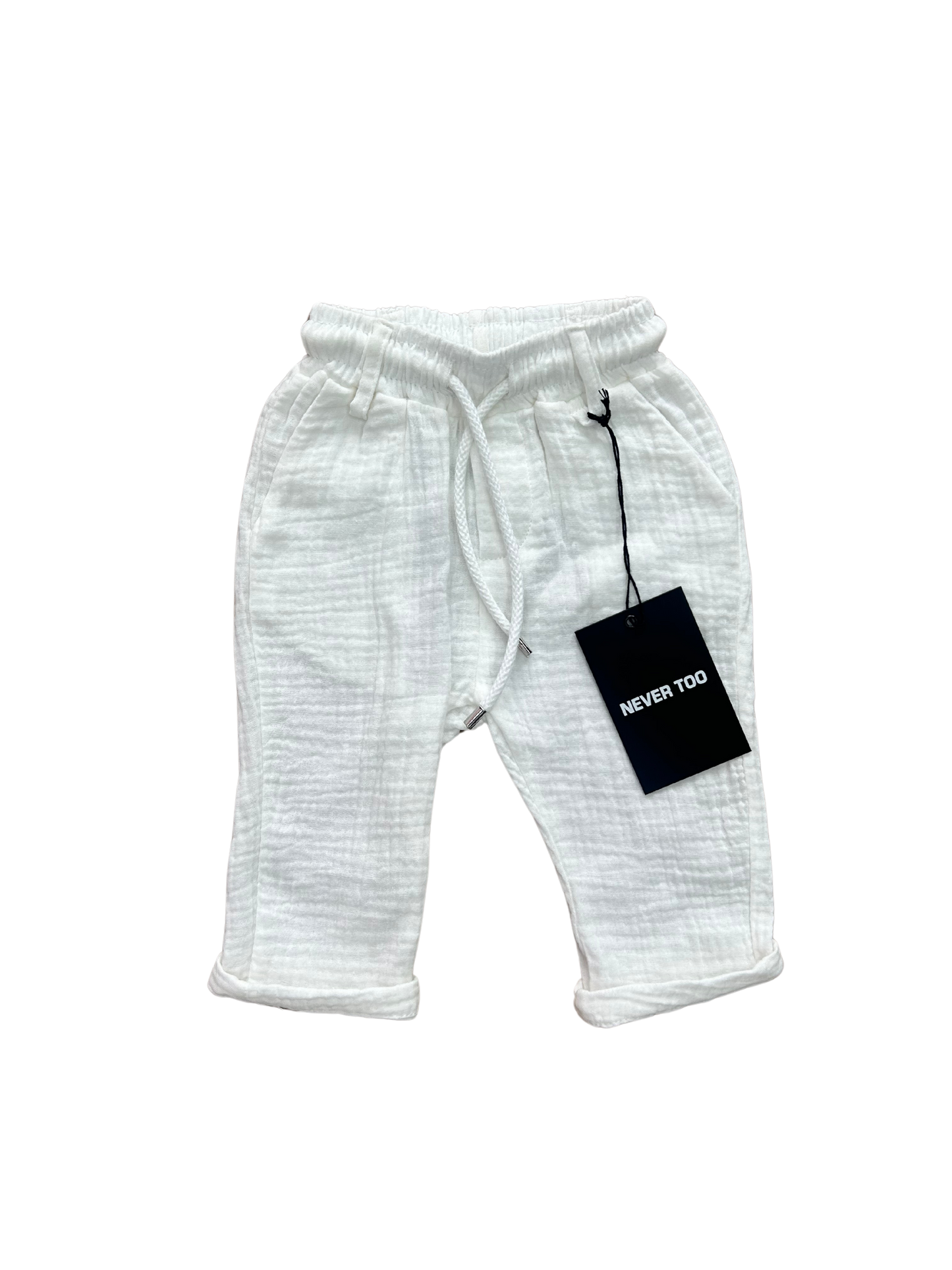 pantalaccio bianco in mussola di cotone per neonato e bambino