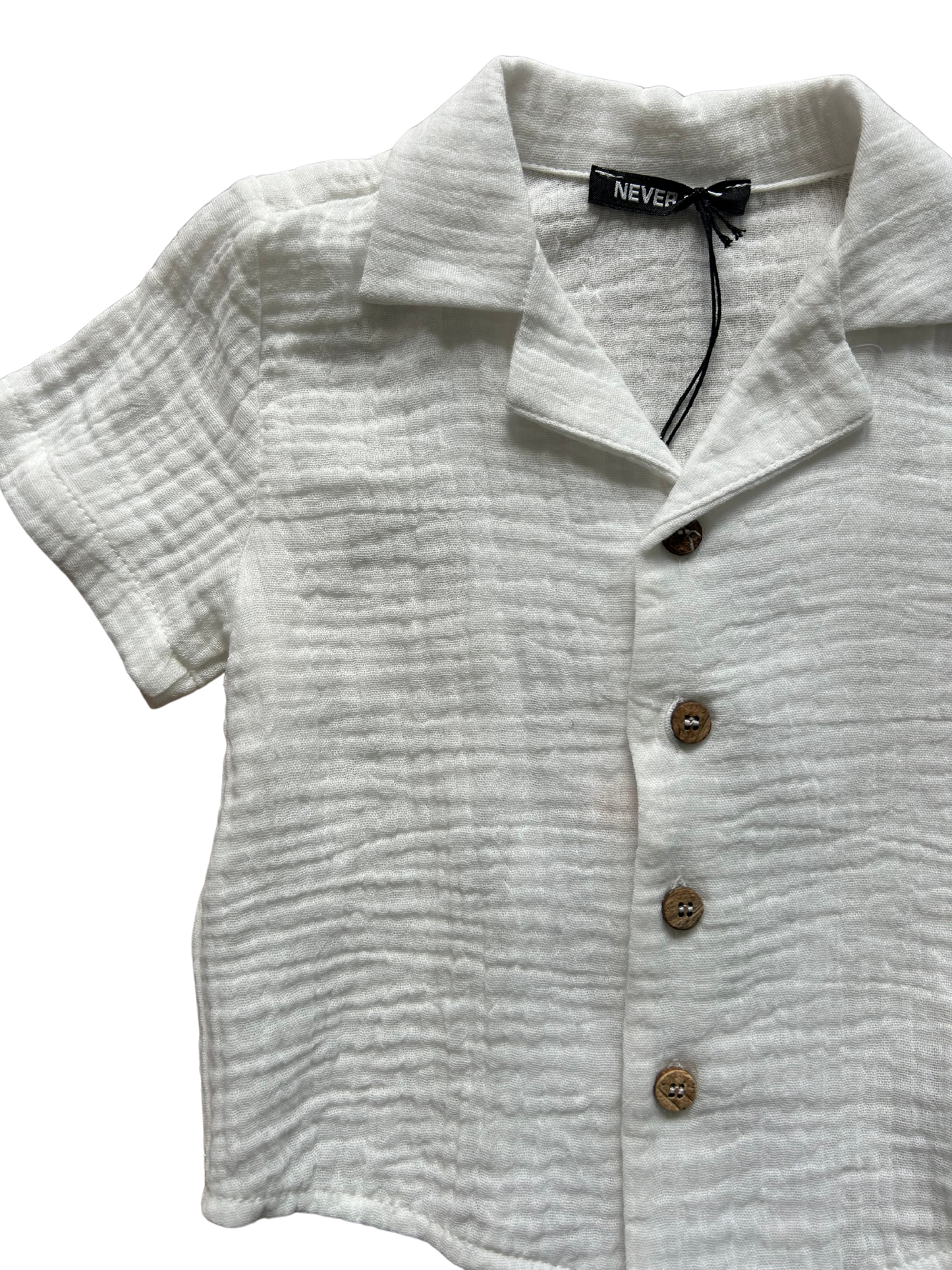 camicia bianca mezza manica con bottoncino in legno per neonato e bambino