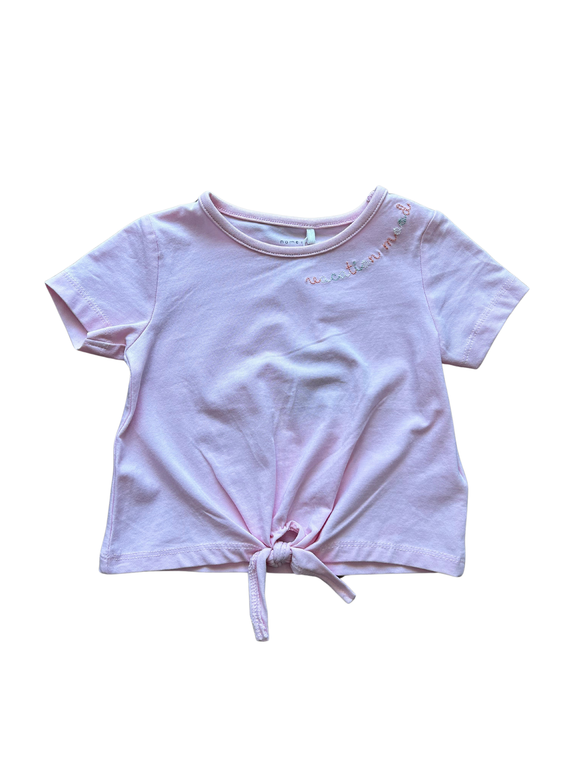 shirt in cotone rosa con ricamo e nodino per neonata e bambina