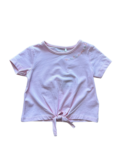 shirt in cotone rosa con ricamo e nodino per neonata e bambina