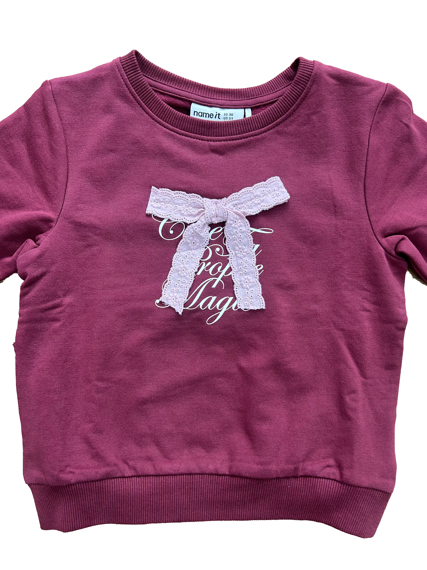 Felpa girocollo bordeaux con fiocco sangallo