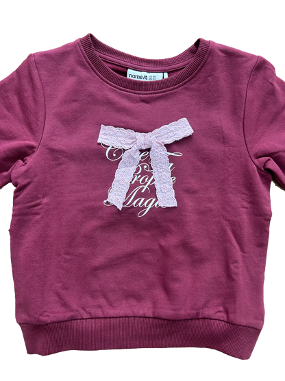 Felpa girocollo bordeaux con fiocco sangallo