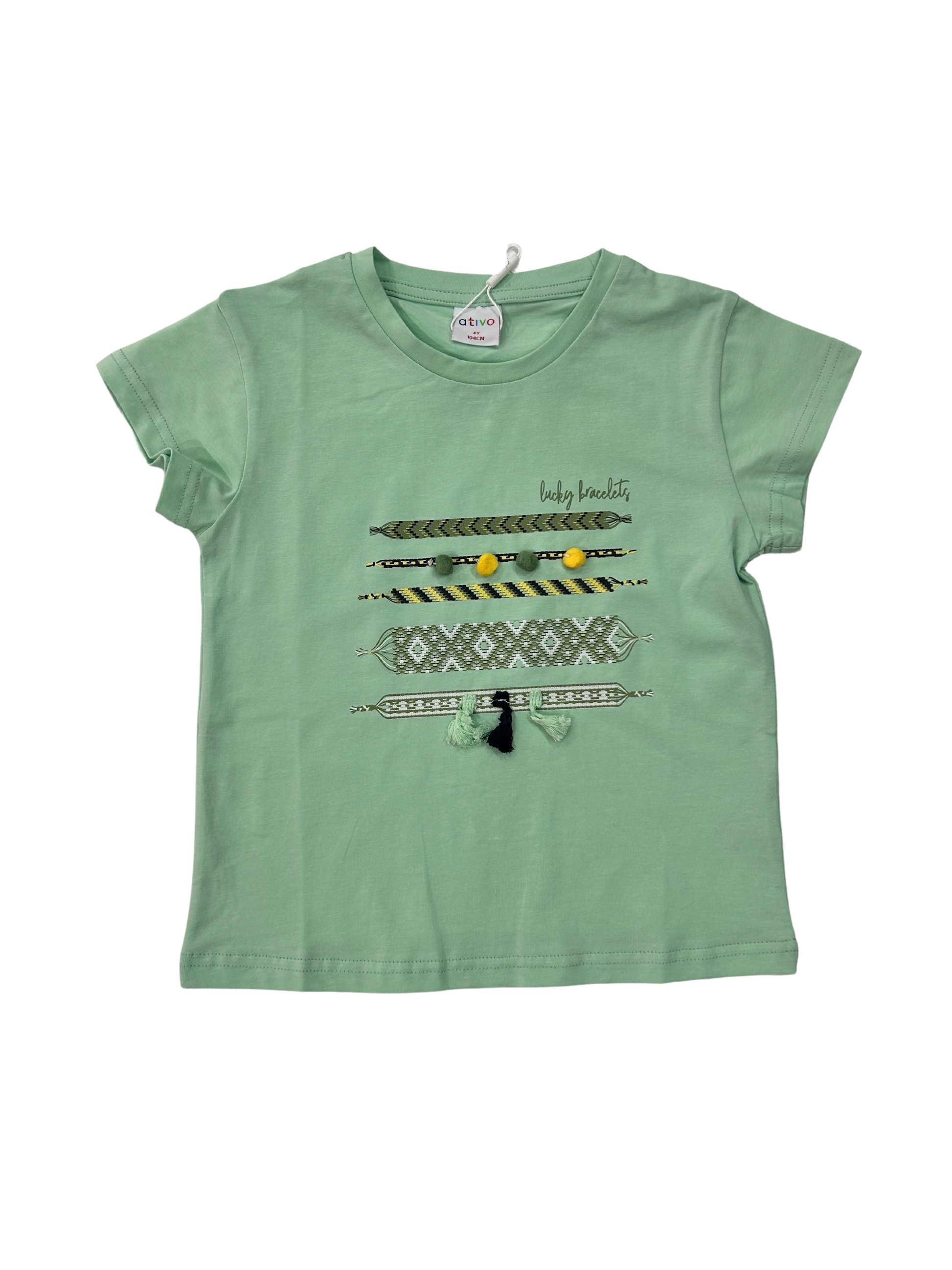 t-shirt in cotone con pon pon e nappine verde acqua per bambina da 4 a 14 anni