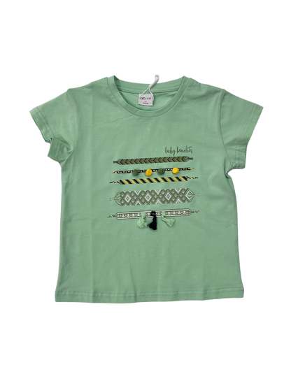 t-shirt in cotone con pon pon e nappine verde acqua per bambina da 4 a 14 anni