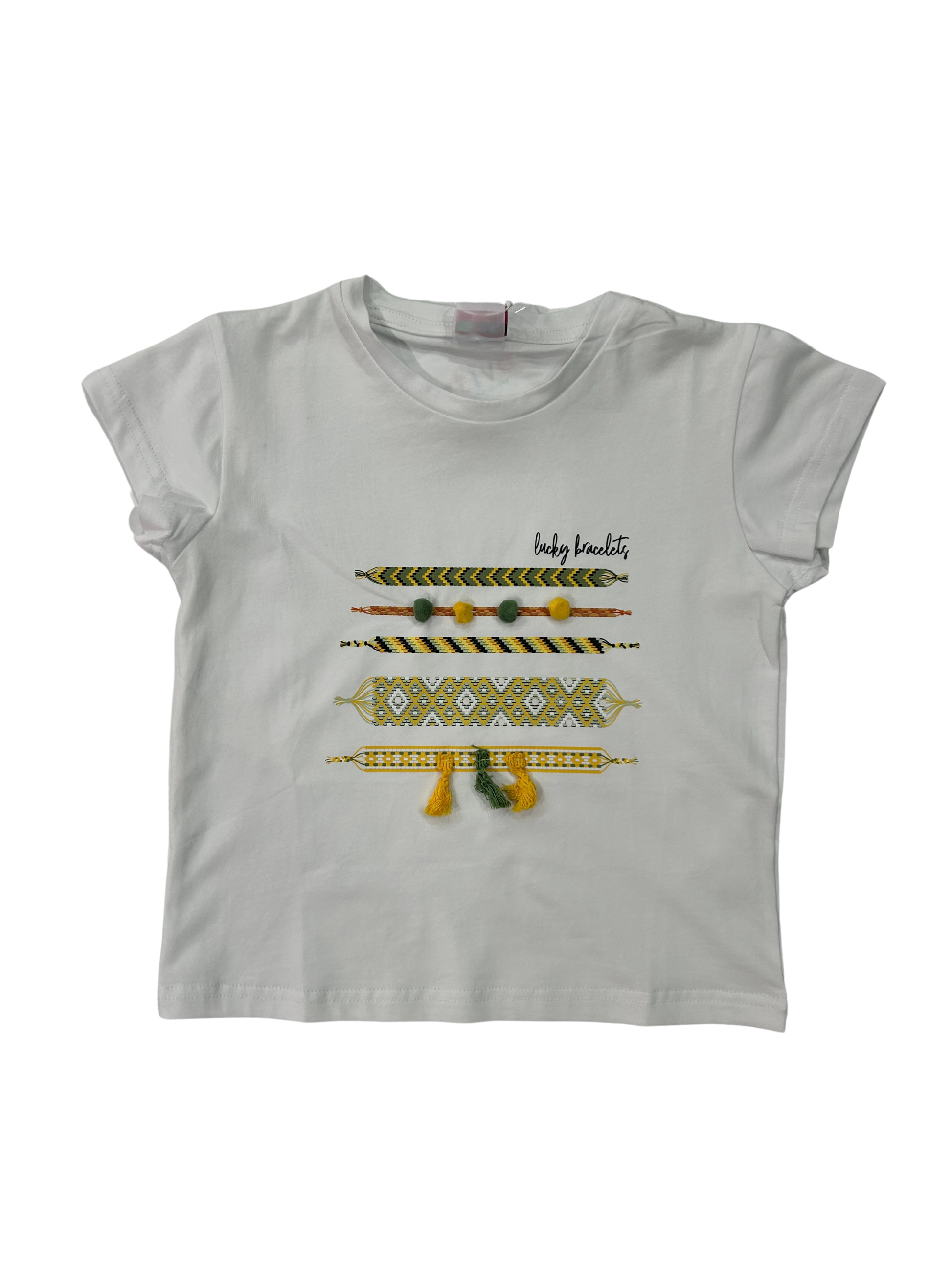 t-shirt bambina bianca a mezza manica con pon pon e nappine