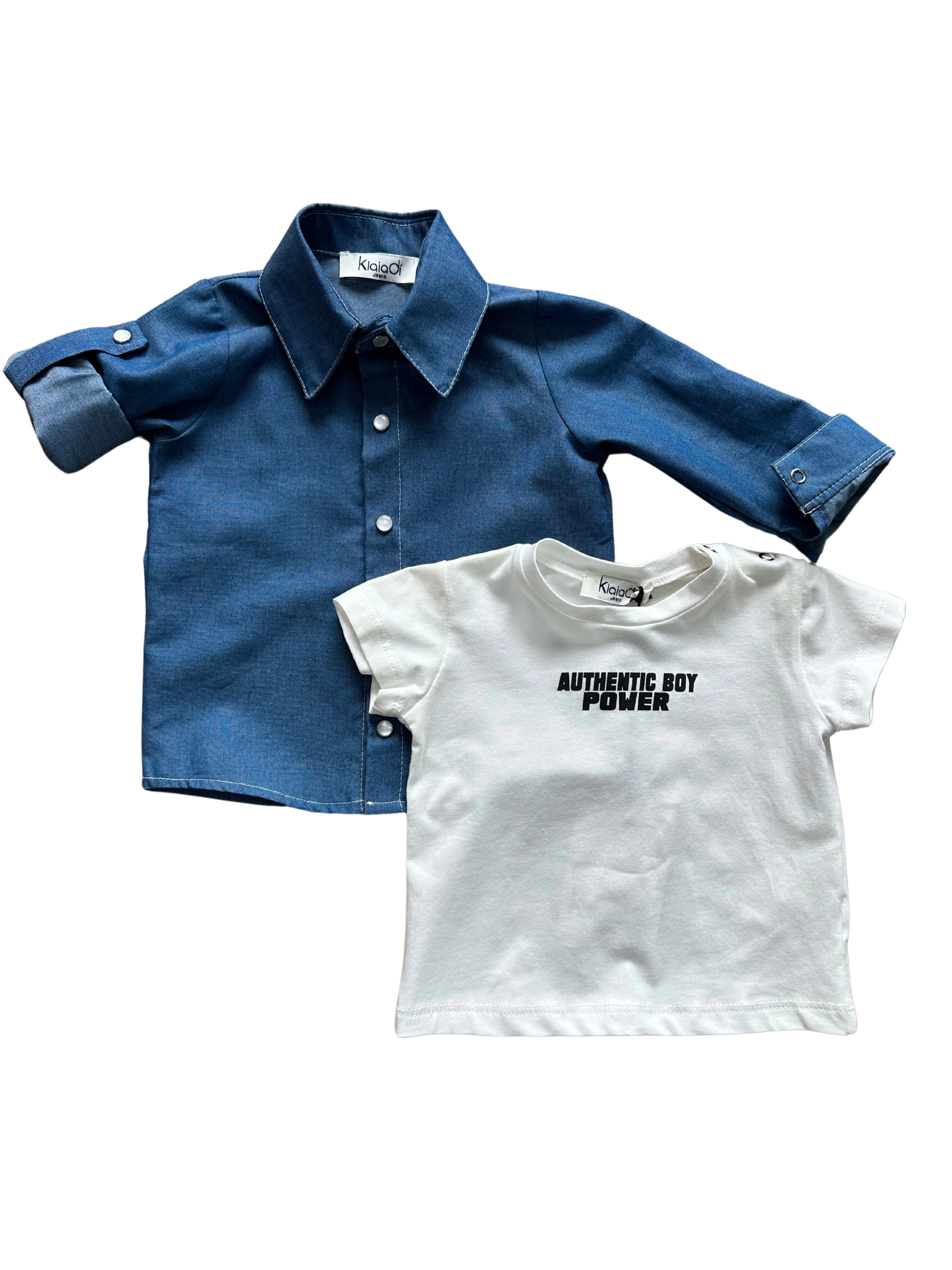 Set klaiadì per neonato composto da t-shirt e camicia effetto jeans in cotone