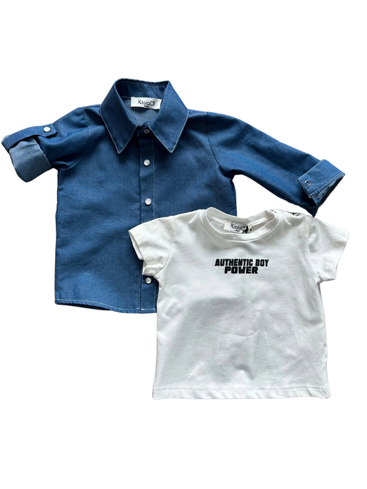 Set klaiadì per neonato composto da t-shirt e camicia effetto jeans in cotone