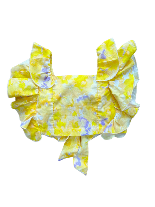 Top giallo con rouches e fiocco sul retro per bambina