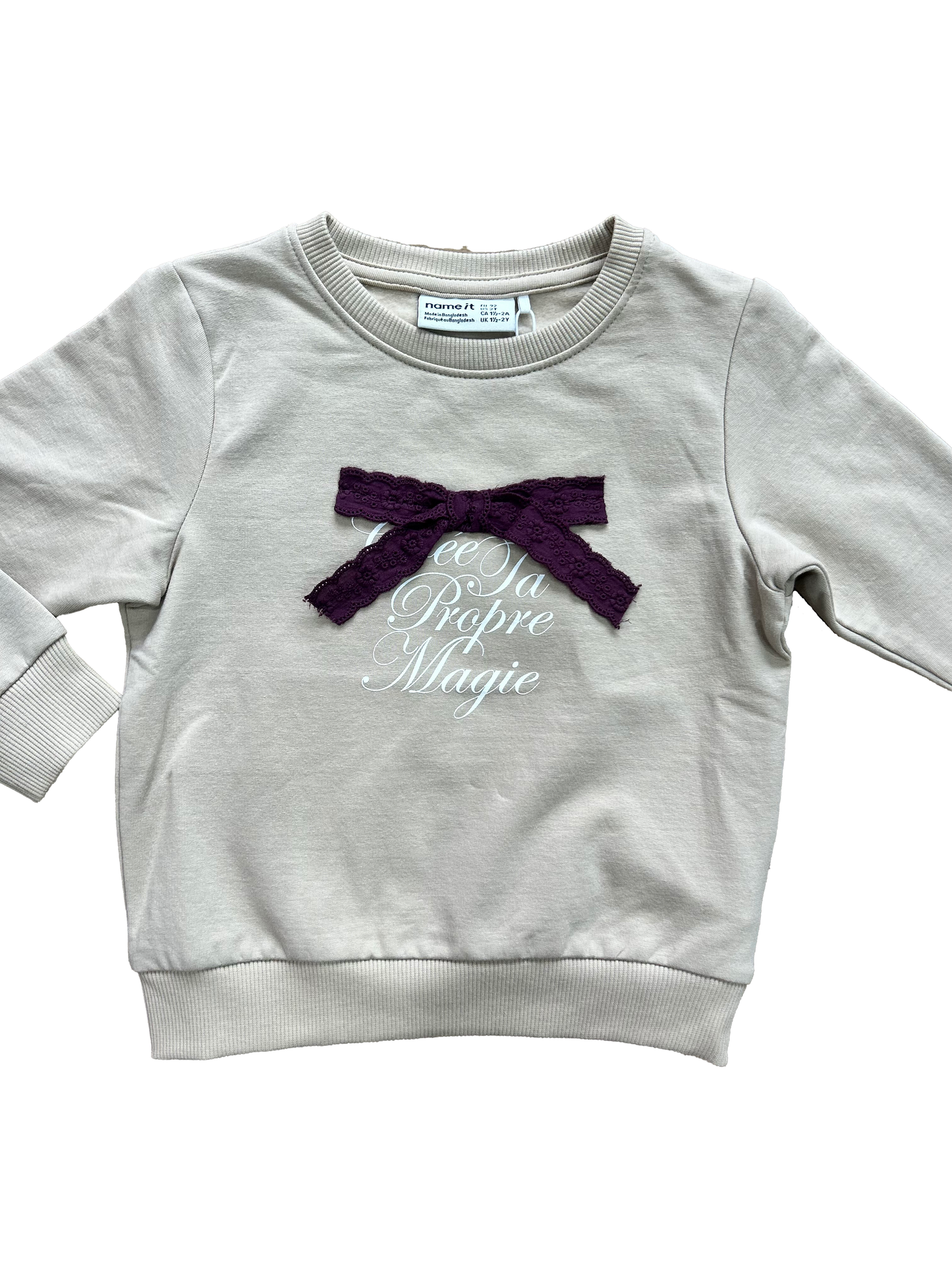 Felpa girocollo beige con fiocco sangallo