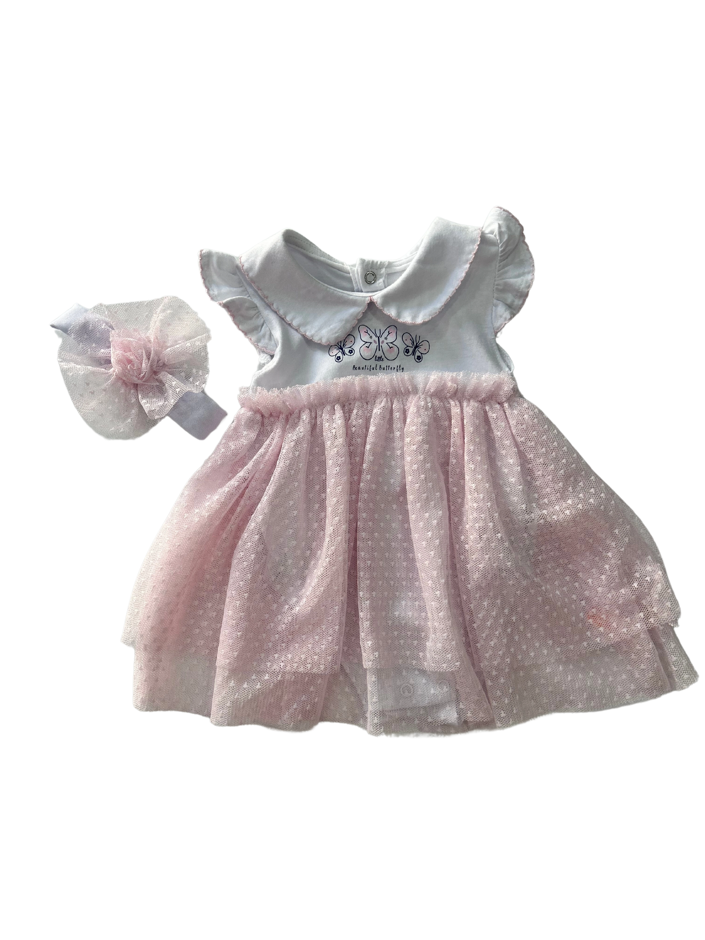 Abito neonata in cotone bianco e rosa con fascia in coordinato scontato