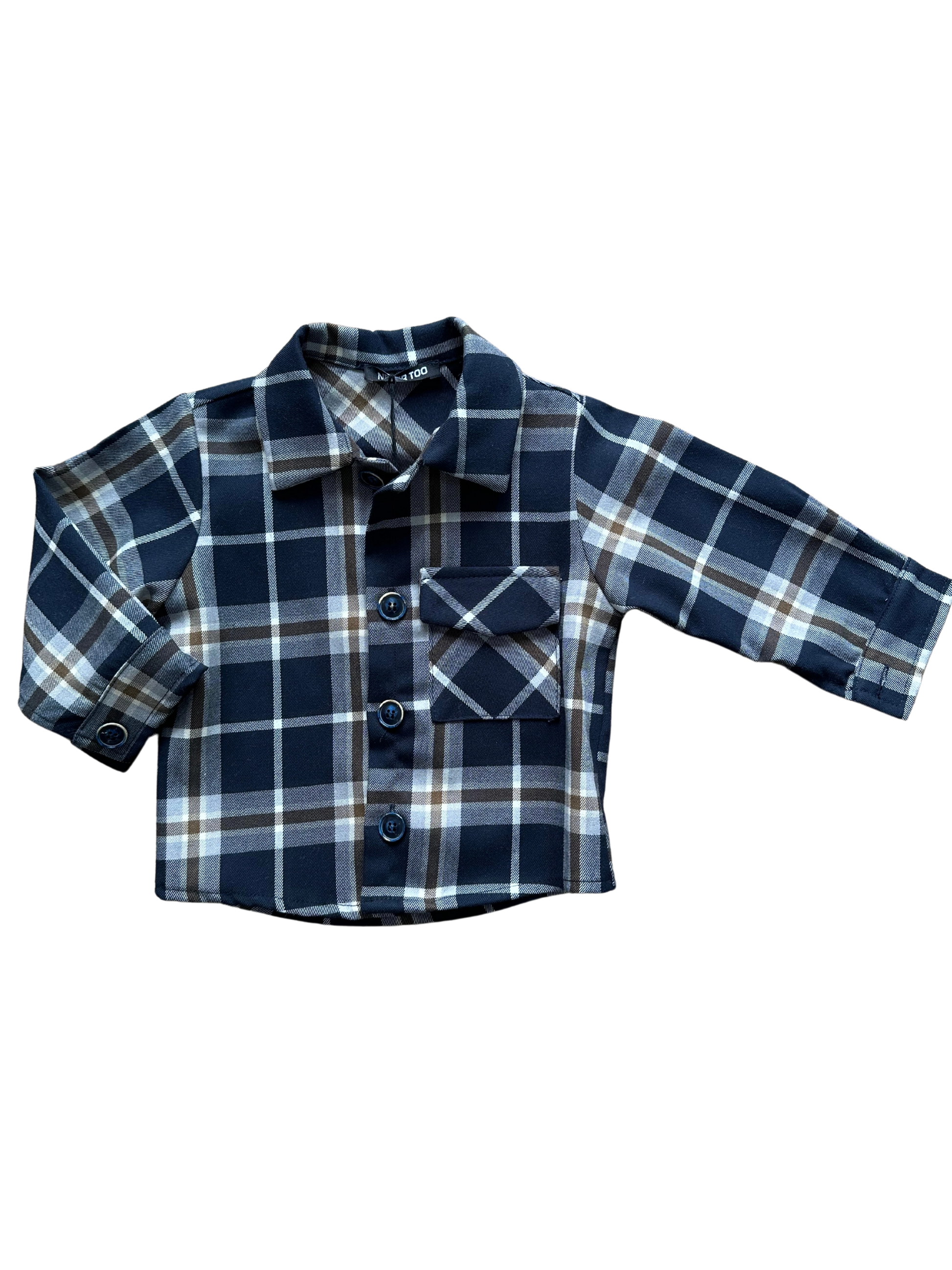 Camicia quadri never too blu e marrone per neonato e bambini